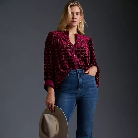 Anthropologie Maeve Velvet Burnout Blouse Heart Red Sheer Top - Picture 4 of 14